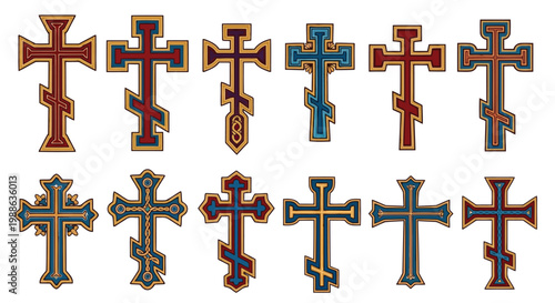 Collection of decorative orthodox christian cross symbols in various colorful artistic styles