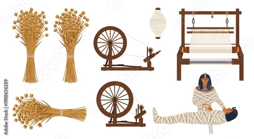 Ancient flax processing tools and mummy preparation scene vector set