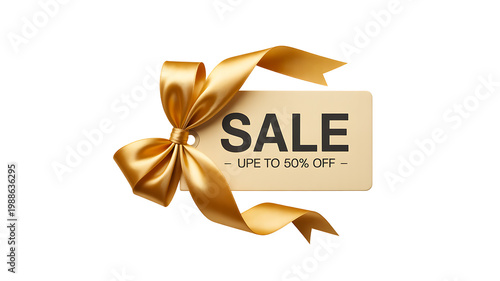 Sale discount concept with golden ribbon and label showing up to fifty percent off promotion