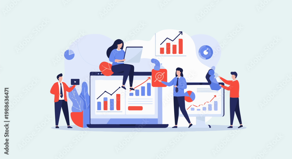 Fototapeta premium Team collaborates on data analysis, planning, and strategizing with charts
