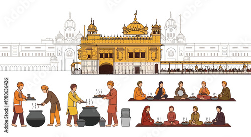 Golden temple skyline with people serving and eating community meal illustration