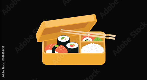 Open yellow bento lunch box with sushi and chopsticks vector illustration