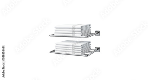 Two modern wall-mounted metal shelves holding neatly stacked white folded towels in a minimalist setting last 2026.