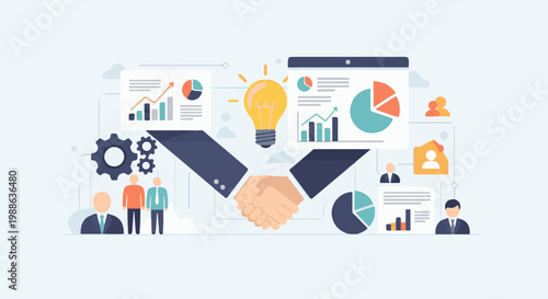 Business handshake symbolizes collaboration, idea generation, and strategic planning with data