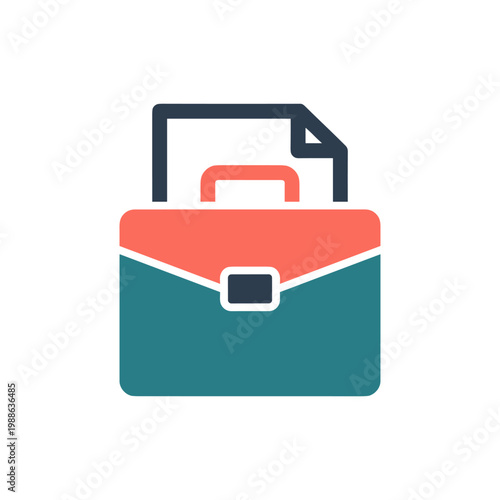 Teal briefcase icon with red flap and silver buckle holding a white document with red accents vector illustration for business and corporate concepts