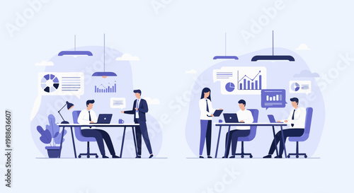 Business professionals working in a modern office setting, analyzing data and charts on their devices and displays