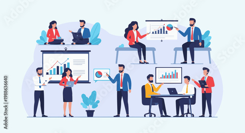 Team members collaborate on charts, graphs, and presentations in an office