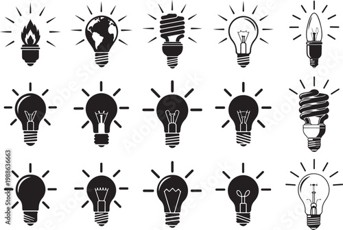 Lightbulbs emitting rays a stark black graphic silhouette. Lightbulbs emitting rays vector illustration.