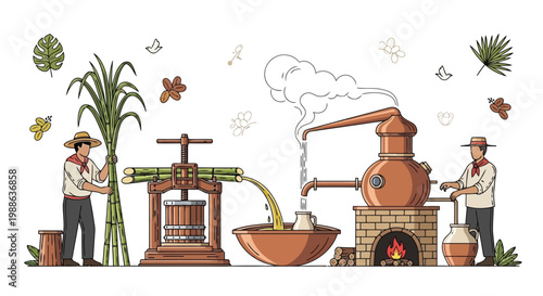 Farmers harvesting sugarcane and distilling rum using traditional copper pot still in rural farm
