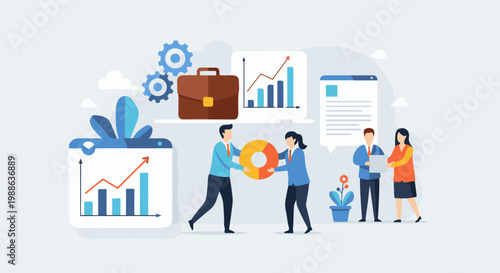 Business professionals collaborate on data analysis, charts, and strategy