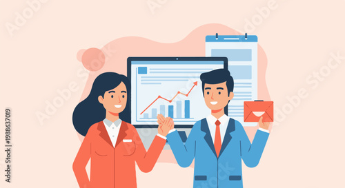 Two business professionals, a man and woman, stand near a laptop displaying a rising graph and a calendar