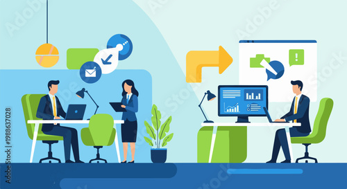 Office professionals collaborate and analyze data on computers in a modern workspace setting