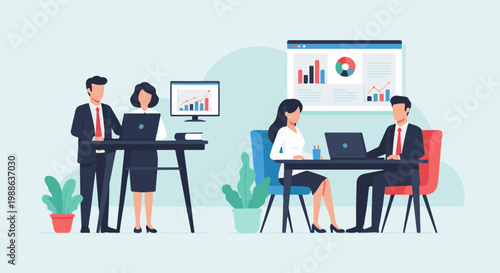 Two businessmen and two businesswomen collaborate in modern office spaces with data visualizations