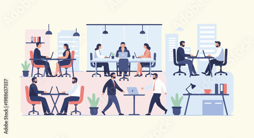 Diverse professionals collaborate in a modern office, working at desks and in meetings