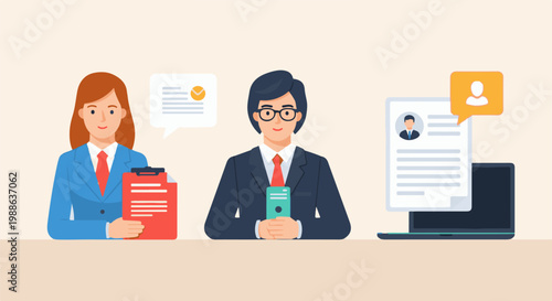 Three professionals in business attire review resumes and discuss via speech bubbles, one with a clipboard