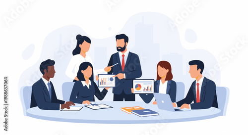 Diverse professionals collaborate, presenting charts and using technology at a meeting table