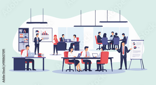 A collaborative office scene with people in meetings, presenting, and working at desks with laptops