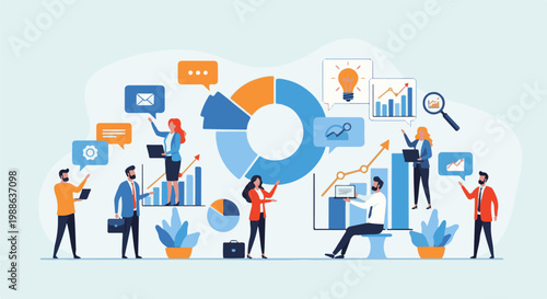 Business professionals collaborate, analyzing data and sharing insights with graphs and charts