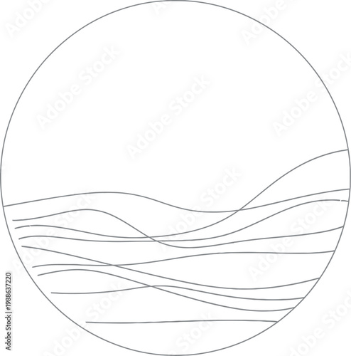 Circular wall mirror features a stylish reflective surface decorated with minimalist black line art illustrations that evoke gentle rolling waves on a soft white background