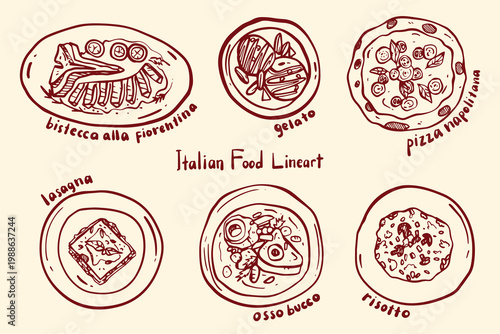 Italian food hand drawn line art set with classic dishes perfect for menu, restaurant branding, packaging and culinary design.