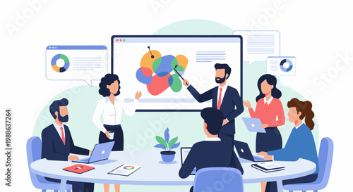 Business meeting presentation with diverse team discussing charts and data