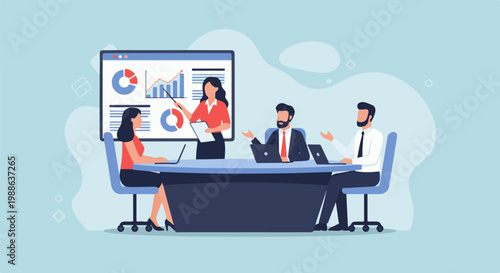 Team discusses business graphs on screen during meeting