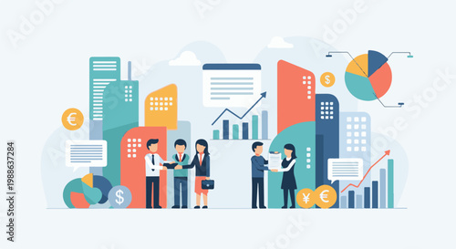 Business professionals collaborate amidst city buildings and financial charts