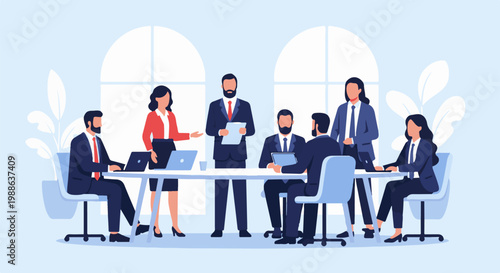 Diverse business professionals collaborate around a long table in a modern office setting