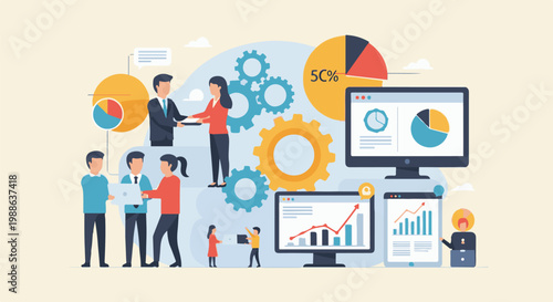 Stylized figures collaborate and analyze data with charts, graphs, and gears