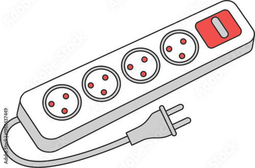 Electrical power strip illustration, multi outlet extension with four sockets and on off switch for devices and home office use.