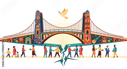 Diverse people shaking hands across divided bridge illustration
