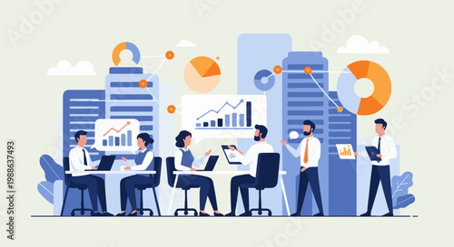 Diverse team collaborates on data analysis with charts and graphs in modern office