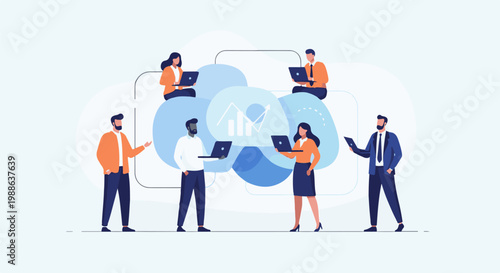 Diverse professionals collaborate on data analysis with laptops around a central cloud