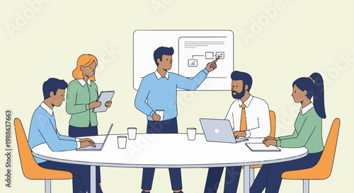 Diverse colleagues collaborate in a modern office, presenting ideas on a whiteboard