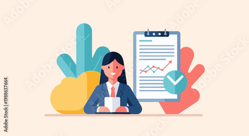Confident professional analyzes financial data with chart, clipboard, and success marker