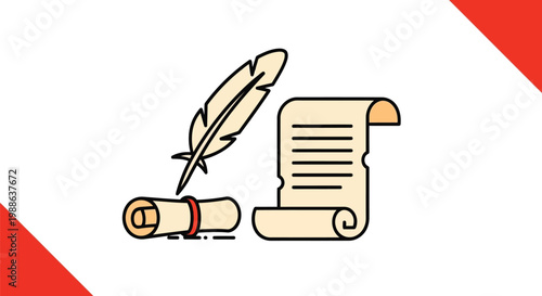 Vintage parchment paper scroll with feather quill pen isolated on white background for design