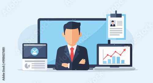 A professional man stands before screens displaying charts, data, and his profile