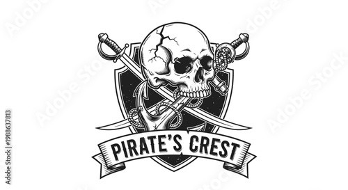Vintage Pirate Emblem with Skull, Crossed Swords and Anchor