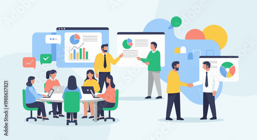 Diverse professionals collaborate in a modern office setting, reviewing charts and graphs on screens and whiteboards