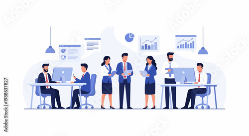Diverse professionals collaborate and analyze data in a modern office environment