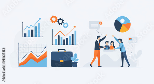 Business analytics illustration with graphs, pie chart, and team collaboration