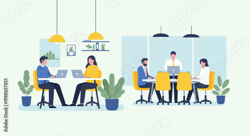 Diverse professionals collaborate on laptops at modern desks, surrounded by plants and bright lighting