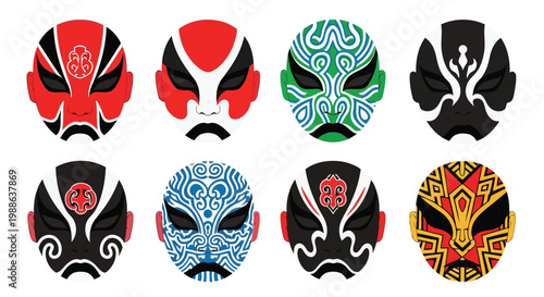 Set of eight traditional chinese opera masks with colorful patterns for theater and cultural art