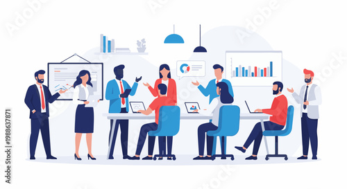 Diverse team collaborates on charts and graphs in a modern office meeting room