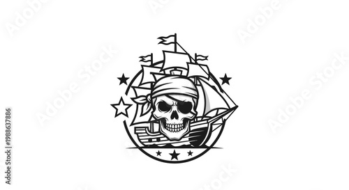 Vintage Pirate Ship Emblem with Skull and Stars Illustration