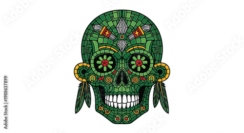Decorative sugar skull with intricate green mosaic pattern for day of the dead celebration design