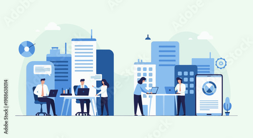 Stylized cityscape with diverse individuals collaborating and analyzing data on laptops and a tablet