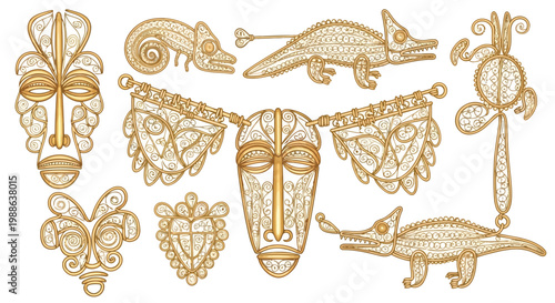 Set of golden african tribal masks and animal ornaments with intricate filigree pattern design