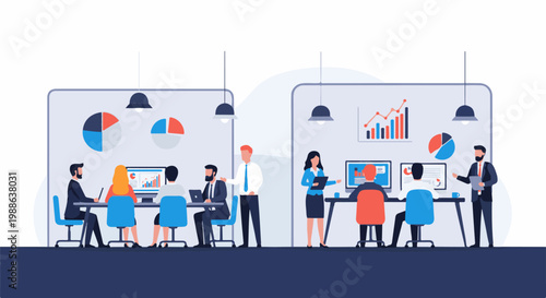 Colleagues in office discussing reports and graphs on computer screens