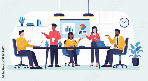 Diverse professionals collaborate in a bright, modern office meeting, discussing data on a screen
